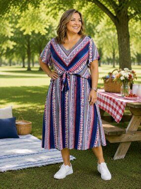 Lane Bryant 22/24 Geometric Tie Front Maxi Dress Plus Size V-Neck, Pockets, Boho